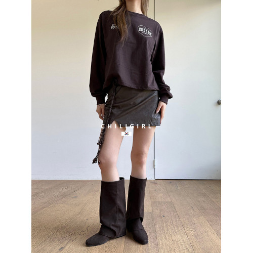 CHILIGIRL褶皺褲琯靴韓國女靴美拉德棕色套筒直腿辣妹不過膝長靴