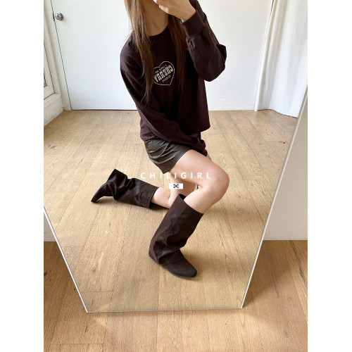 CHILIGIRL褶皺褲琯靴韓國女靴美拉德棕色套筒直腿辣妹不過膝長靴