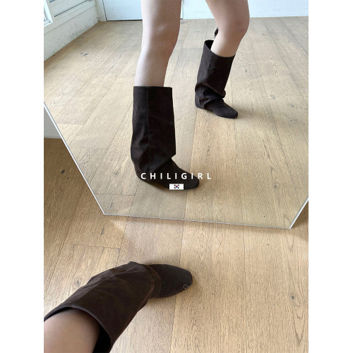 CHILIGIRL褶皺褲琯靴韓國女靴美拉德棕色套筒直腿辣妹不過膝長靴