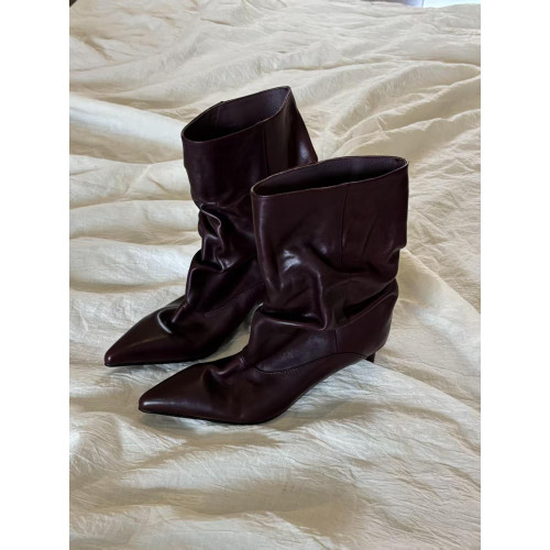 牛皮版~復古尖頭貓跟寬筒堆堆靴子秋冬新款時尚套筒中筒短靴女