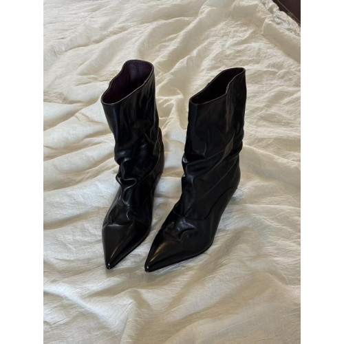 牛皮版~復古尖頭貓跟寬筒堆堆靴子秋冬新款時尚套筒中筒短靴女