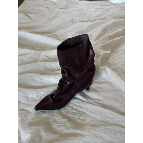 牛皮版~復古尖頭貓跟寬筒堆堆靴子秋冬新款時尚套筒中筒短靴女