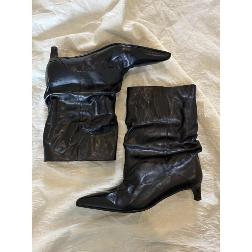 牛皮版~復古尖頭貓跟寬筒堆堆靴子秋冬新款時尚套筒中筒短靴女