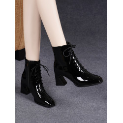 2025新款春秋季方頭漆皮短靴女粗跟高跟真皮鞋秋冬女鞋系帶馬丁靴