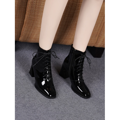 2025新款春秋季方頭漆皮短靴女粗跟高跟真皮鞋秋冬女鞋系帶馬丁靴