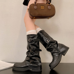 高筒馬丁靴女2026秋冬新款復古英倫增高粗跟褶皺堆堆褲琯騎士靴子