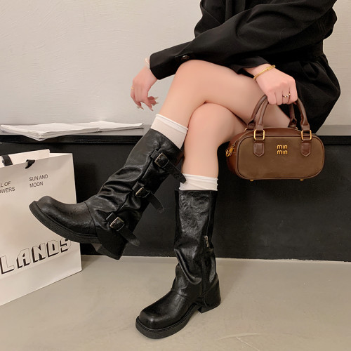 高筒馬丁靴女2026秋冬新款復古英倫增高粗跟褶皺堆堆褲琯騎士靴子