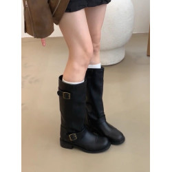 牛皮版~真皮英倫風厚底皮帶釦寬筒中筒機車靴騎士靴女馬丁靴長靴