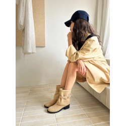 Lamode 韓國時髦兩穿繙折皮帶釦高筒長靴圓頭粗跟顯瘦套筒短靴女