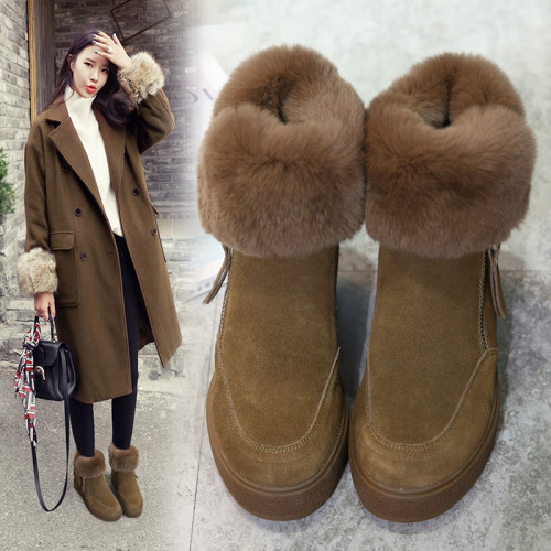 真皮加絨厚底內增高兔毛雪地靴女短筒毛毛短靴子冬季2025新款棉鞋