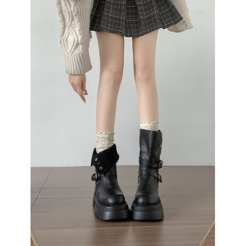 黑色英倫風粗跟厚底馬丁靴女款2026新款秋冬小個子增高顯瘦短靴子