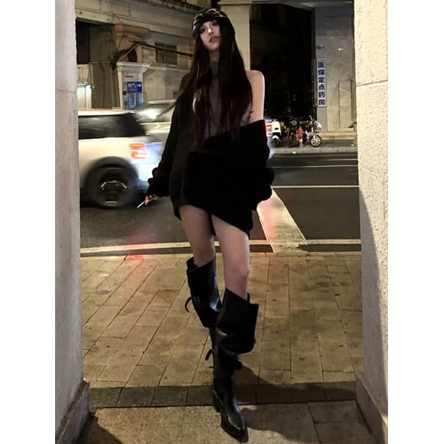 大筒圍騎士靴女2025年秋冬新款黑色高跟尖頭堆堆靴辣妹不過膝長靴 大筒圍騎士靴女2025年秋冬新款黑色高跟尖頭堆堆靴辣妹不過膝長靴