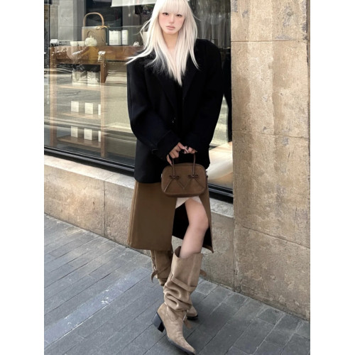 大筒圍騎士靴女2025年秋冬新款黑色高跟尖頭堆堆靴辣妹不過膝長靴 大筒圍騎士靴女2025年秋冬新款黑色高跟尖頭堆堆靴辣妹不過膝長靴