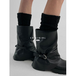 CHILIGIRL韓國東大門皮帶釦煙囪靴中筒靴方頭褶皺帥氣堆堆褲琯靴