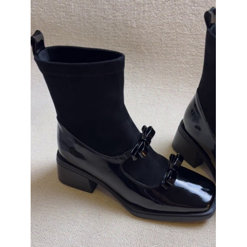 牛皮版~真皮顯瘦蝴蝶結彈力襪靴女法式方頭厚底粗跟短筒靴瘦瘦靴 牛皮版~真皮顯瘦蝴蝶結彈力襪靴女法式方頭厚底粗跟短筒靴瘦瘦靴