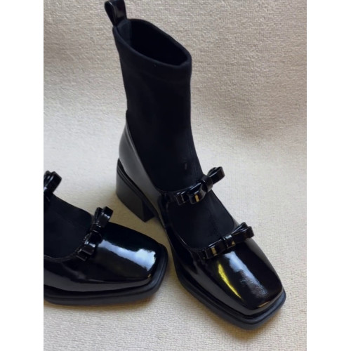 牛皮版~真皮顯瘦蝴蝶結彈力襪靴女法式方頭厚底粗跟短筒靴瘦瘦靴 牛皮版~真皮顯瘦蝴蝶結彈力襪靴女法式方頭厚底粗跟短筒靴瘦瘦靴