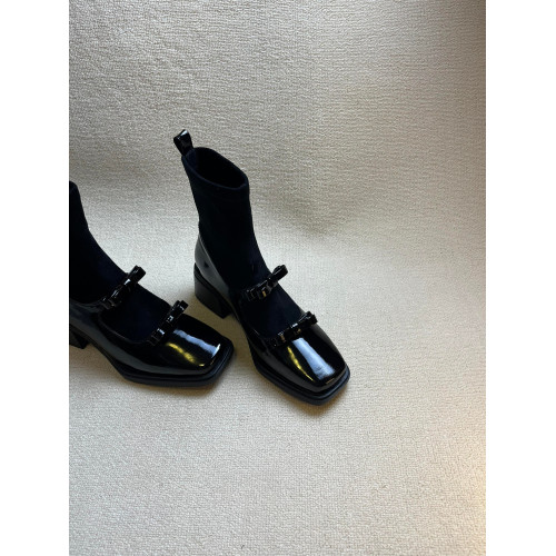 牛皮版~真皮顯瘦蝴蝶結彈力襪靴女法式方頭厚底粗跟短筒靴瘦瘦靴 牛皮版~真皮顯瘦蝴蝶結彈力襪靴女法式方頭厚底粗跟短筒靴瘦瘦靴