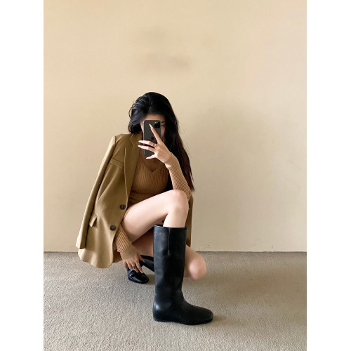 2026早春新款直筒騎士靴方頭內增高4cm不過膝高筒長靴西部牛仔靴