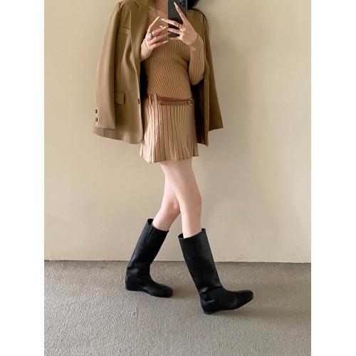 2026早春新款直筒騎士靴方頭內增高4cm不過膝高筒長靴西部牛仔靴