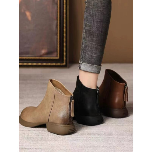 品牌真皮後拉鍊短靴女2026流行秋冬新款英倫風潮牌切爾西平底皮靴