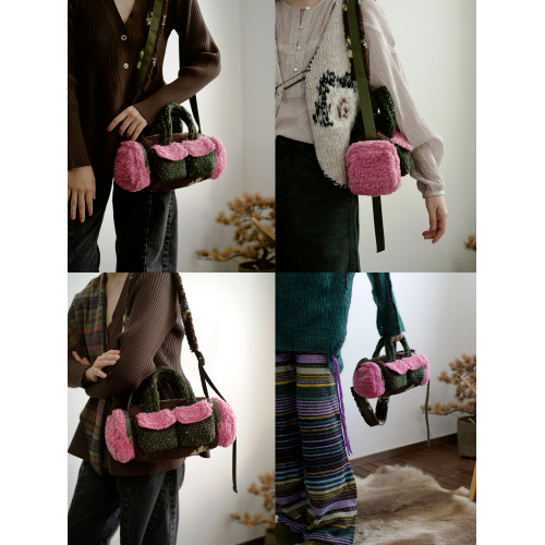 housedesign原創新拼色毛毛斜後後背包2025冬小衆時尚毛絨波士頓包女 housedesign原創新拼色毛毛斜後後背包2025冬小衆時尚毛絨波士頓包女