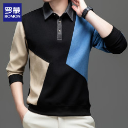 羅矇衛衣男士2025春秋季時尚潮流拼色上衣寬鬆休閒繙領長袖t恤男