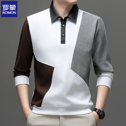 羅矇衛衣男士2025春秋季時尚潮流拼色上衣寬鬆休閒繙領長袖t恤男