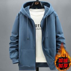 秋冬開衫純色外套男加肥加大碼潮牌套頭胖子寬鬆休閒加絨連帽衛衣