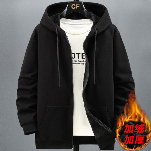 秋冬開衫純色外套男加肥加大碼潮牌套頭胖子寬鬆休閒加絨連帽衛衣