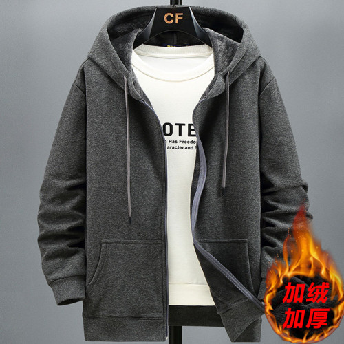 秋冬開衫純色外套男加肥加大碼潮牌套頭胖子寬鬆休閒加絨連帽衛衣