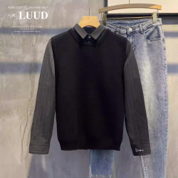 LUUD 冬季英倫男士修身復古假兩件針織衫韓版毛衫拼接襯衫領外套