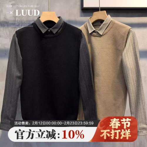 LUUD 冬季英倫男士修身復古假兩件針織衫韓版毛衫拼接襯衫領外套 LUUD 冬季英倫男士修身復古假兩件針織衫韓版毛衫拼接襯衫領外套