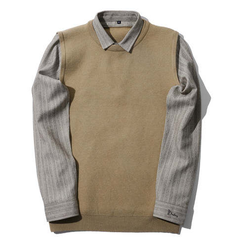 LUUD 冬季英倫男士修身復古假兩件針織衫韓版毛衫拼接襯衫領外套 LUUD 冬季英倫男士修身復古假兩件針織衫韓版毛衫拼接襯衫領外套