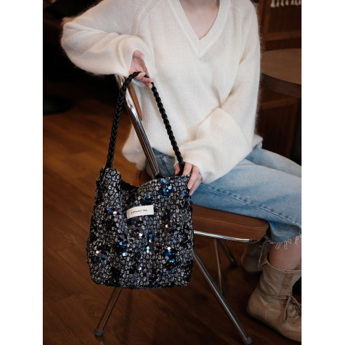 亮片女士小衆設計單肩包帆布水桶包大容量包包通勤女包輕奢帆布包