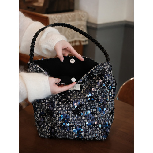 亮片女士小衆設計單肩包帆布水桶包大容量包包通勤女包輕奢帆布包