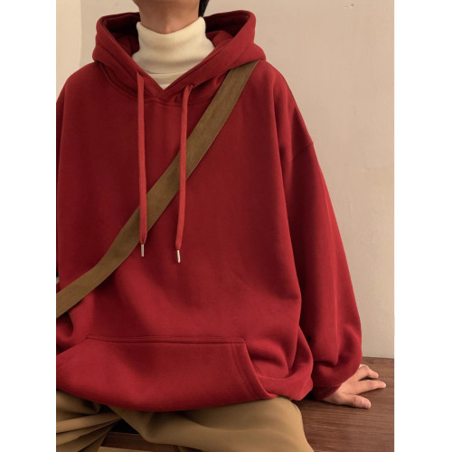 純棉重磅寬鬆顯瘦百搭本命年加絨紅色衛衣男士秋冬連帽衫套頭外套