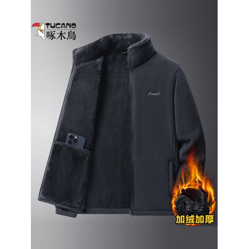 啄木鳥爸爸開衫抓絨衛衣男士秋冬季立領搖粒絨外套中老年加絨上衣