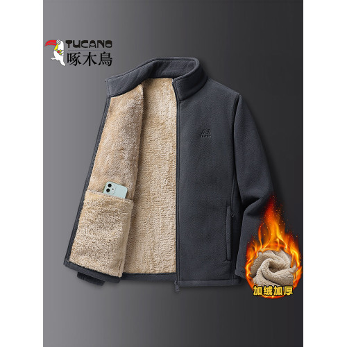 啄木鳥爸爸開衫抓絨衛衣男士秋冬季立領搖粒絨外套中老年加絨上衣