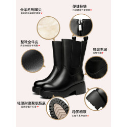 厚底真皮中筒靴冬季女鞋加絨加厚雪地靴女皮毛一體靴子棉鞋菸筒靴