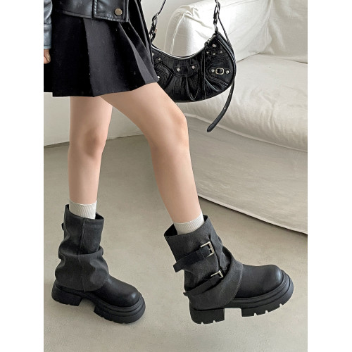 黑色復古英倫厚底粗跟馬丁靴女款2026新款秋冬加絨增高褲琯短靴子