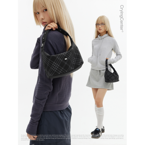CryingCenter 黑色仿毛氈格紋手提斜後後背包 哭喊中心