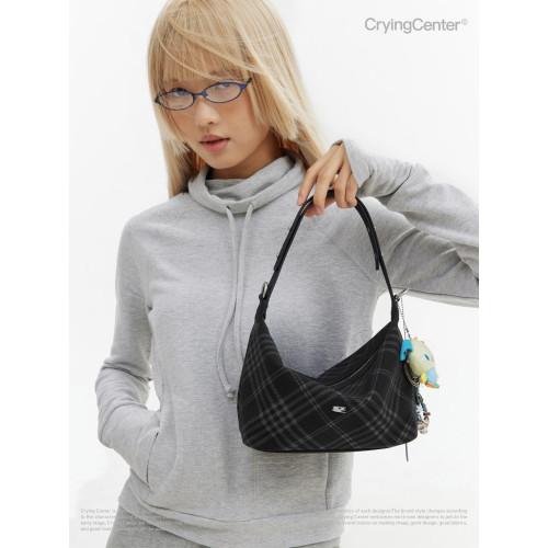 CryingCenter 黑色仿毛氈格紋手提斜後後背包 哭喊中心