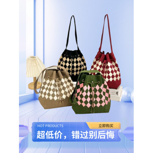 磁吸針織抽繩敞口包單肩大容量水桶包通勤托特斜肩百搭復古抽繩包