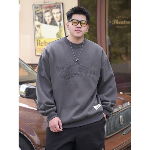 潮牌大碼男裝秋冬新款加絨加厚綉花圓領衛衣胖子加肥加大寬鬆上衣