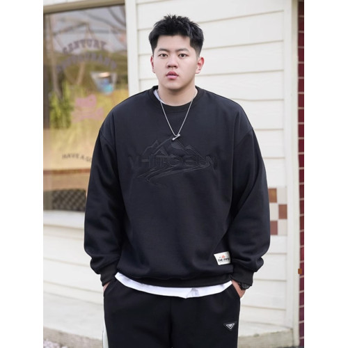 潮牌大碼男裝秋冬新款加絨加厚綉花圓領衛衣胖子加肥加大寬鬆上衣