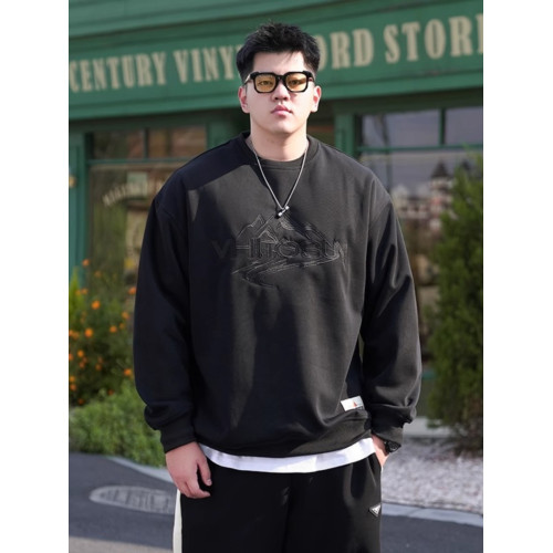 潮牌大碼男裝秋冬新款加絨加厚綉花圓領衛衣胖子加肥加大寬鬆上衣