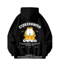 銀狐絨美式復古卡通加菲貓印花連帽衛衣男女休閒寬鬆秋冬上衣ins