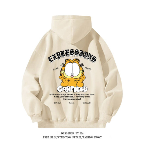 銀狐絨美式復古卡通加菲貓印花連帽衛衣男女休閒寬鬆秋冬上衣ins
