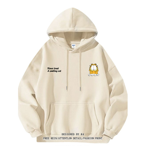 銀狐絨美式復古卡通加菲貓印花連帽衛衣男女休閒寬鬆秋冬上衣ins