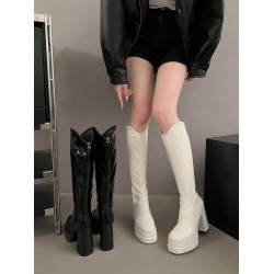 粗跟厚底長筒靴女2026春秋季新款顯瘦v口不過膝靴韓版高跟騎士靴